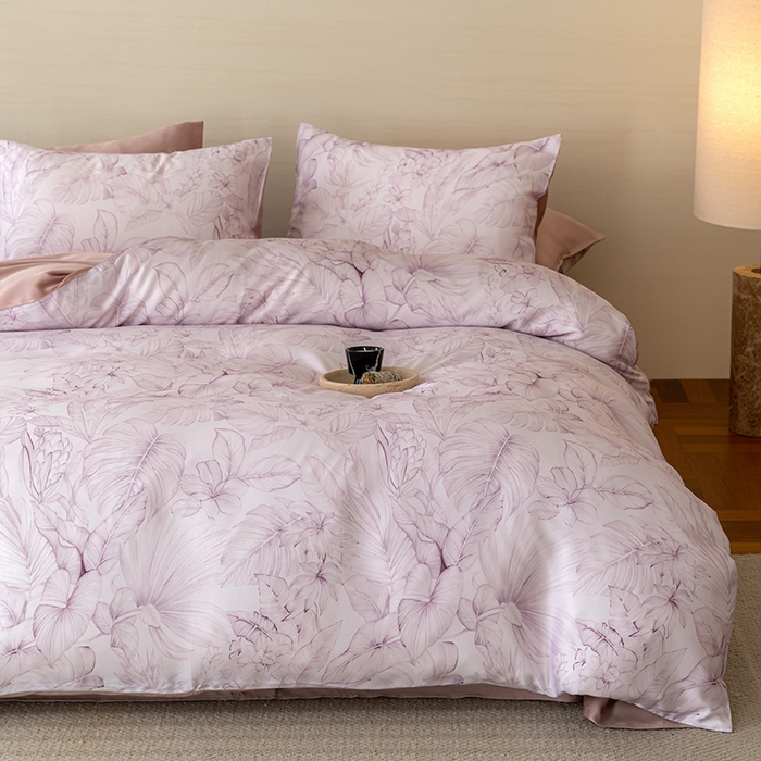 91家纺网 家纺一手货源 找家纺 禾时 2025新款60S兰精天丝数码印花暗合简约款四件套 叶影-紫