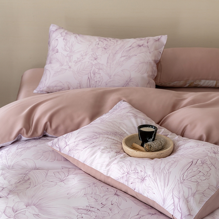 91家纺网 家纺一手货源 找家纺 禾时 2025新款60S兰精天丝数码印花暗合简约款四件套 叶影-紫