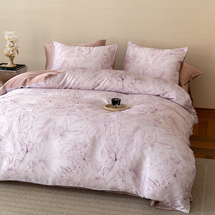 91家纺网 家纺一手货源 找家纺 禾时 2025新款60S兰精天丝数码印花暗合简约款四件套 叶影-紫