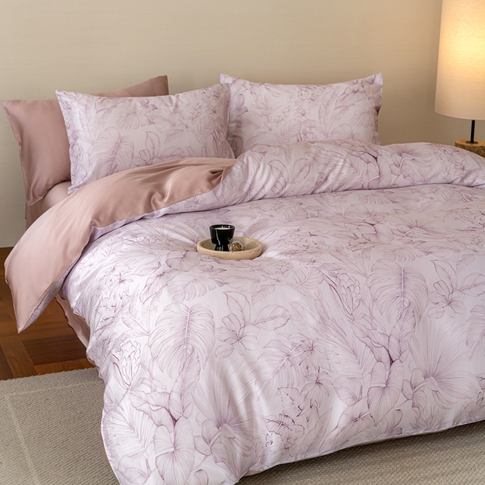 91家纺网 家纺一手货源 找家纺 禾时 2025新款60S兰精天丝数码印花暗合简约款四件套 叶影-紫