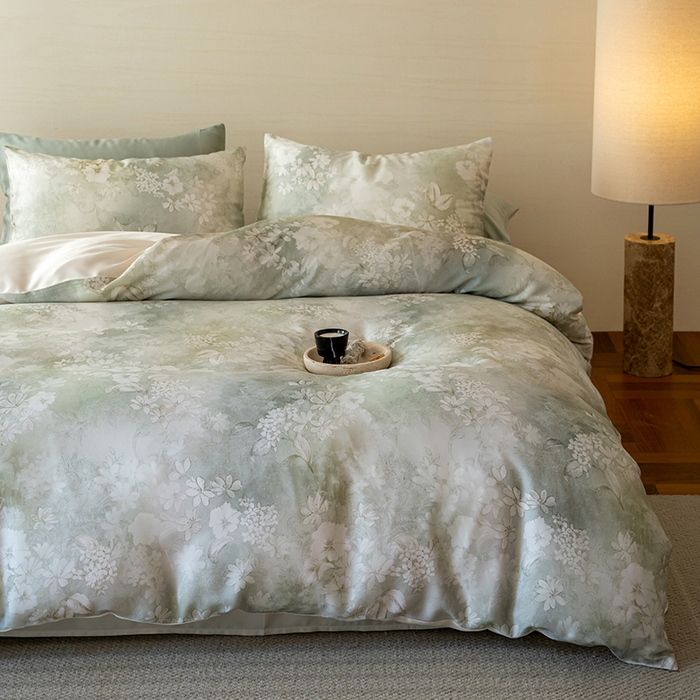 91家纺网 家纺一手货源 找家纺 禾时 2025新款60S兰精天丝数码印花暗合简约款四件套 知槿-绿