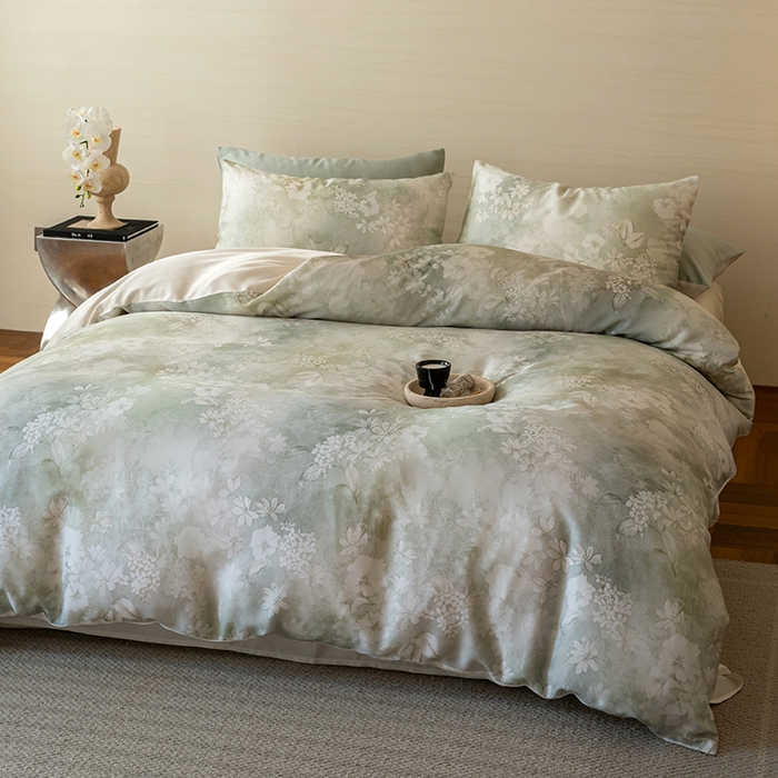 91家纺网 家纺一手货源 找家纺 禾时 2025新款60S兰精天丝数码印花暗合简约款四件套 知槿-绿