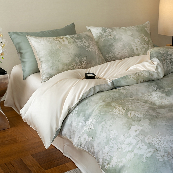 91家纺网 家纺一手货源 找家纺 禾时 2025新款60S兰精天丝数码印花暗合简约款四件套 知槿-绿