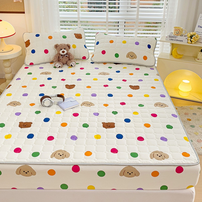 91家纺网 家纺一手货源 找家纺 富馨莱 2025春夏新款A类母婴级全棉纯棉夹棉床笠 波点熊