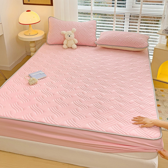 91家纺网 家纺一手货源 找家纺 富馨莱 2025春夏新款A类母婴级全棉纯棉夹棉床笠 纯色-粉色