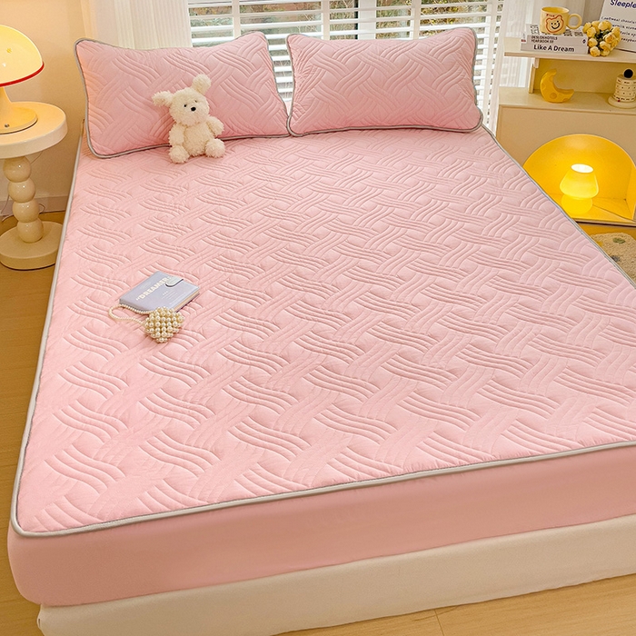 91家纺网 家纺一手货源 找家纺 富馨莱 2025春夏新款A类母婴级全棉纯棉夹棉床笠 纯色-粉色