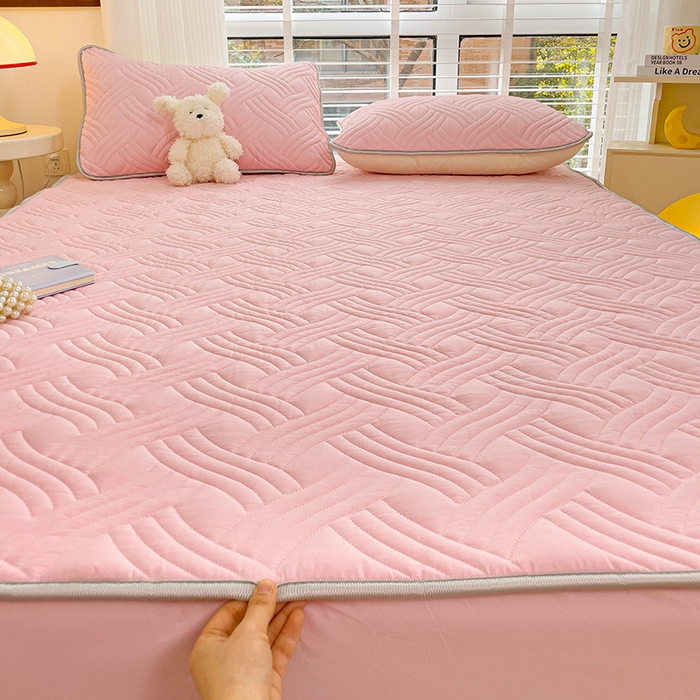 91家纺网 家纺一手货源 找家纺 富馨莱 2025春夏新款A类母婴级全棉纯棉夹棉床笠 纯色-粉色