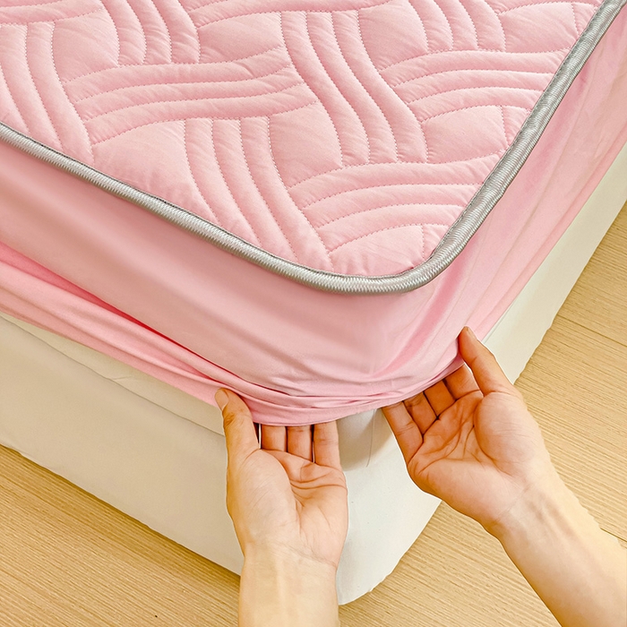 91家纺网 家纺一手货源 找家纺 富馨莱 2025春夏新款A类母婴级全棉纯棉夹棉床笠 纯色-粉色