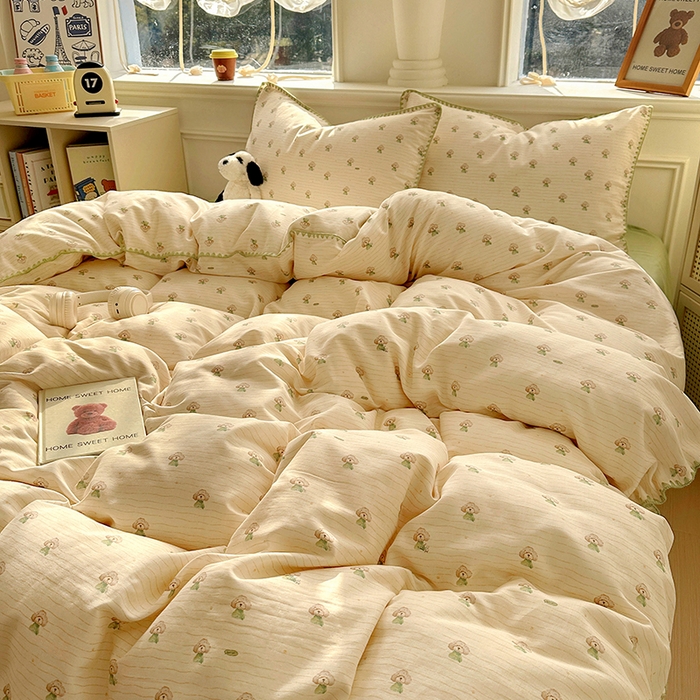 91家纺网 家纺一手货源 找家纺  （提供买家秀 爆款花型 不断货）2025新款A类全棉双层纱四件套 布丁狗