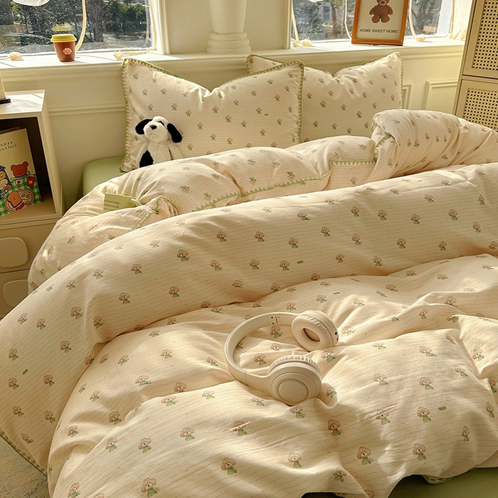 91家纺网 家纺一手货源 找家纺  （提供买家秀 爆款花型 不断货）2025新款A类全棉双层纱四件套 布丁狗