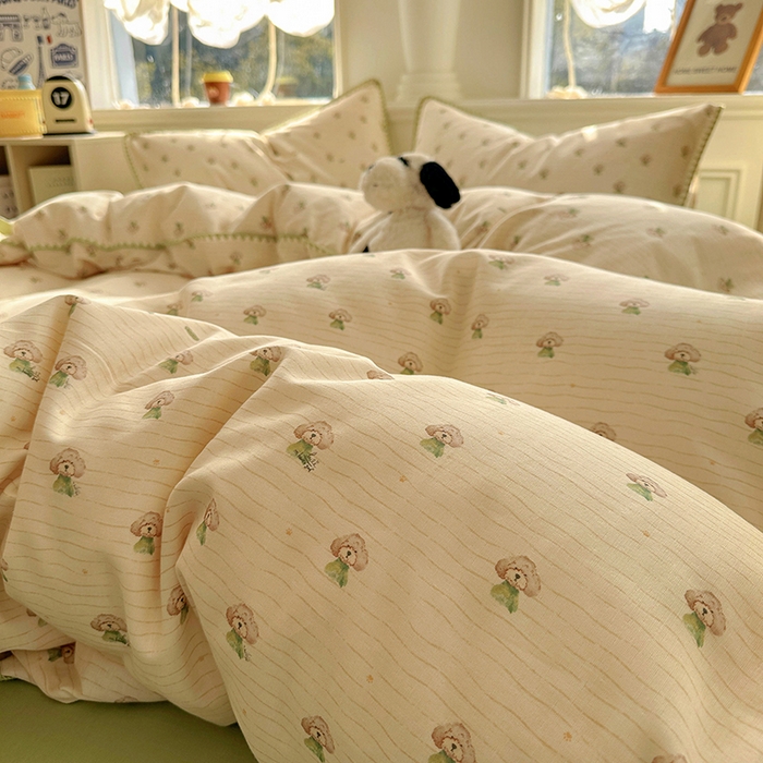 91家纺网 家纺一手货源 找家纺  （提供买家秀 爆款花型 不断货）2025新款A类全棉双层纱四件套 布丁狗