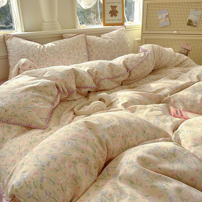 91家纺网 家纺一手货源 找家纺  （提供买家秀 爆款花型 不断货）2025新款A类全棉双层纱四件套 花恋