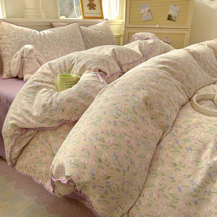 91家纺网 家纺一手货源 找家纺  （提供买家秀 爆款花型 不断货）2025新款A类全棉双层纱四件套 花恋