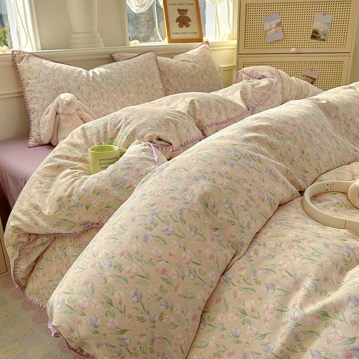 91家纺网 家纺一手货源 找家纺  （提供买家秀 爆款花型 不断货）2025新款A类全棉双层纱四件套 花恋