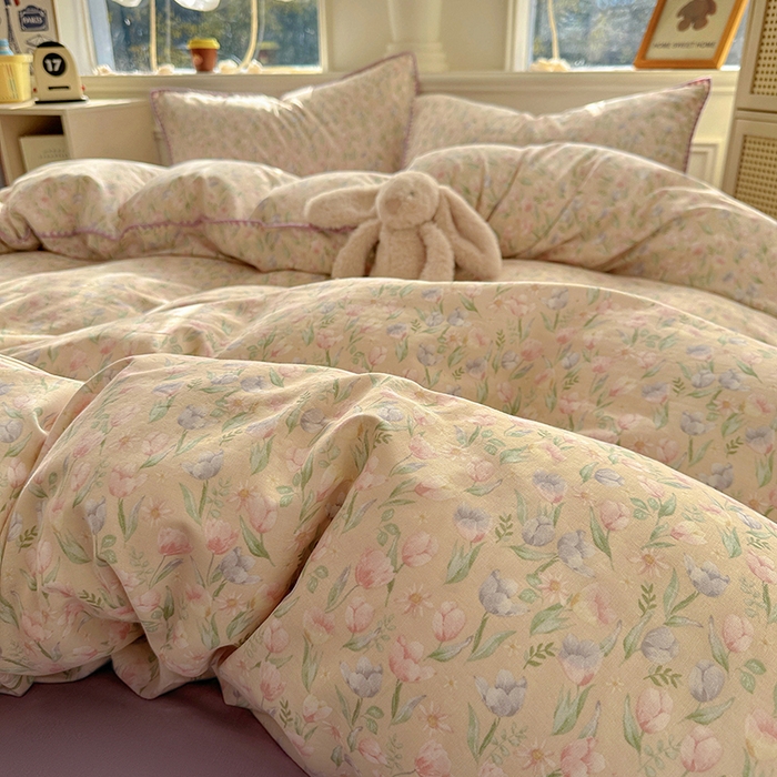 91家纺网 家纺一手货源 找家纺  （提供买家秀 爆款花型 不断货）2025新款A类全棉双层纱四件套 花恋