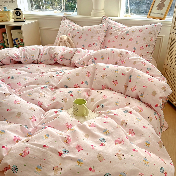 91家纺网 家纺一手货源 找家纺  （提供买家秀 爆款花型 不断货）2025新款A类全棉双层纱四件套 开心派对