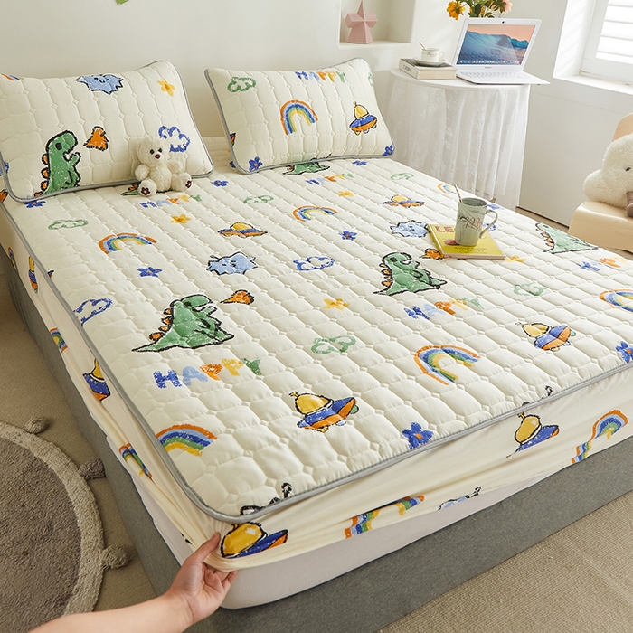 91家纺网 家纺一手货源 找家纺 富馨莱 2025春夏新款A类母婴级全棉纯棉夹棉床笠 恐龙派对