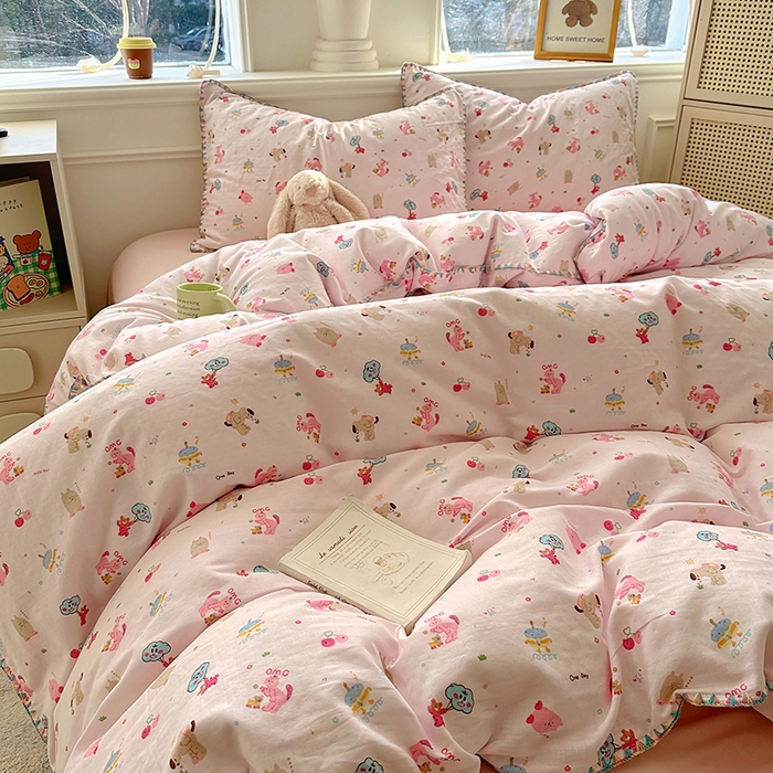 91家纺网 家纺一手货源 找家纺  （提供买家秀 爆款花型 不断货）2025新款A类全棉双层纱四件套 开心派对