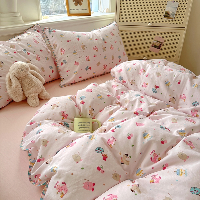 91家纺网 家纺一手货源 找家纺  （提供买家秀 爆款花型 不断货）2025新款A类全棉双层纱四件套 开心派对