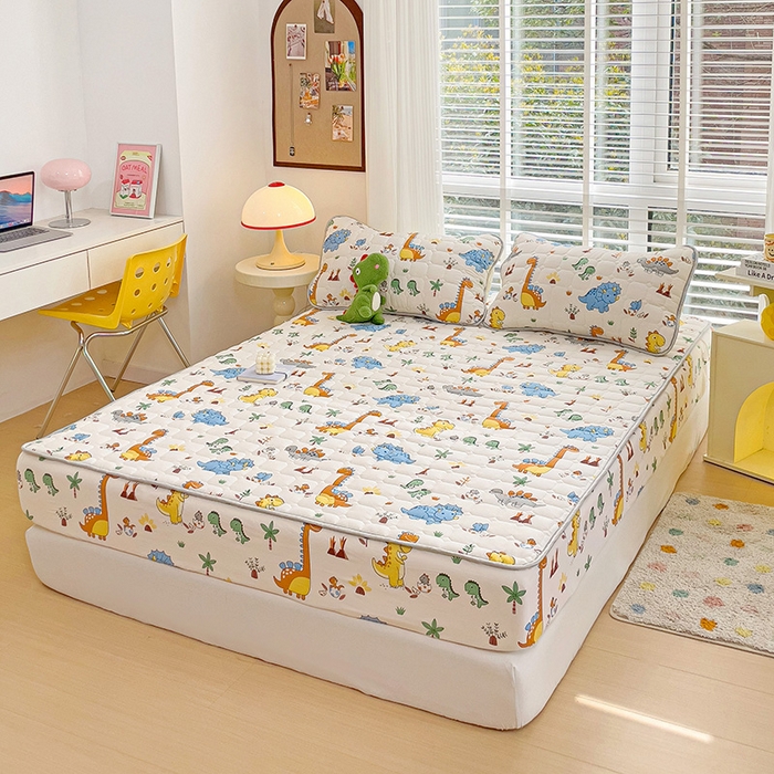 91家纺网 家纺一手货源 找家纺 富馨莱 2025春夏新款A类母婴级全棉纯棉夹棉床笠 恐龙仔仔