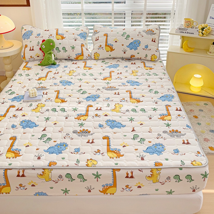 91家纺网 家纺一手货源 找家纺 富馨莱 2025春夏新款A类母婴级全棉纯棉夹棉床笠 恐龙仔仔