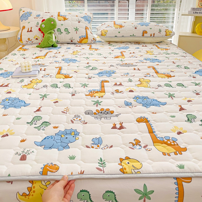 91家纺网 家纺一手货源 找家纺 富馨莱 2025春夏新款A类母婴级全棉纯棉夹棉床笠 恐龙仔仔