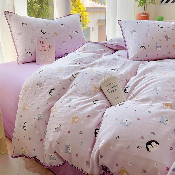 91家纺网 家纺一手货源 找家纺  （提供买家秀 爆款花型 不断货）2025新款A类全棉双层纱四件套 可爱软萌