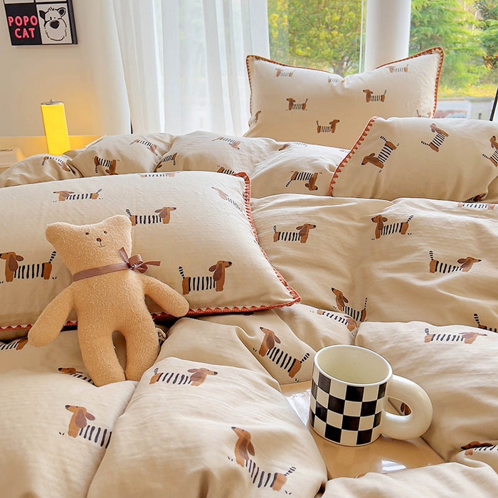 91家纺网 家纺一手货源 找家纺  （提供买家秀 爆款花型 不断货）2025新款A类全棉双层纱四件套 腊肠狗