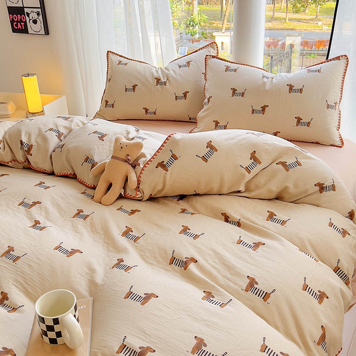 91家纺网 家纺一手货源 找家纺  （提供买家秀 爆款花型 不断货）2025新款A类全棉双层纱四件套 腊肠狗