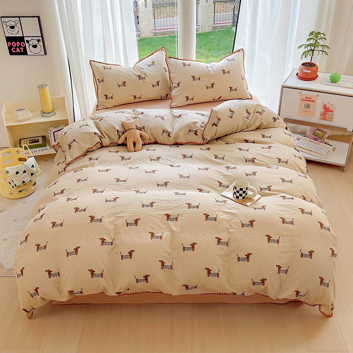 91家纺网 家纺一手货源 找家纺  （提供买家秀 爆款花型 不断货）2025新款A类全棉双层纱四件套 腊肠狗