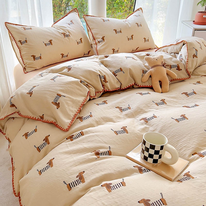 91家纺网 家纺一手货源 找家纺  （提供买家秀 爆款花型 不断货）2025新款A类全棉双层纱四件套 腊肠狗