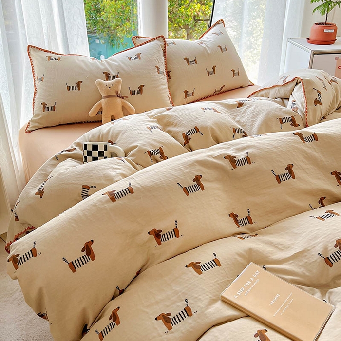 91家纺网 家纺一手货源 找家纺  （提供买家秀 爆款花型 不断货）2025新款A类全棉双层纱四件套 腊肠狗