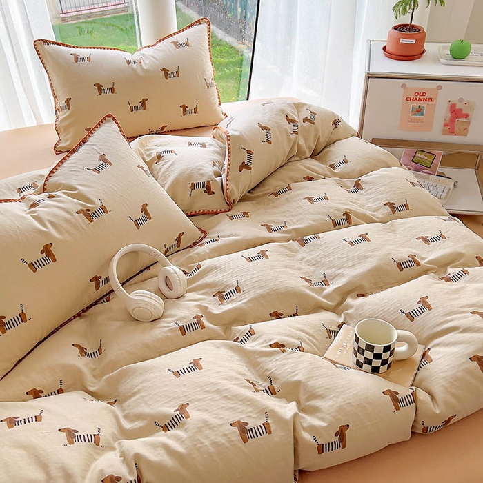 91家纺网 家纺一手货源 找家纺  （提供买家秀 爆款花型 不断货）2025新款A类全棉双层纱四件套 腊肠狗