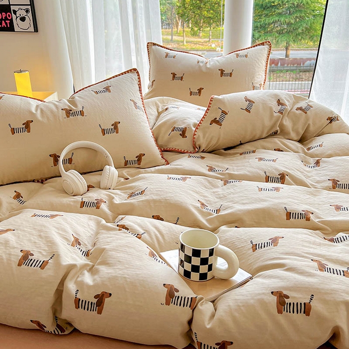 91家纺网 家纺一手货源 找家纺  （提供买家秀 爆款花型 不断货）2025新款A类全棉双层纱四件套 腊肠狗