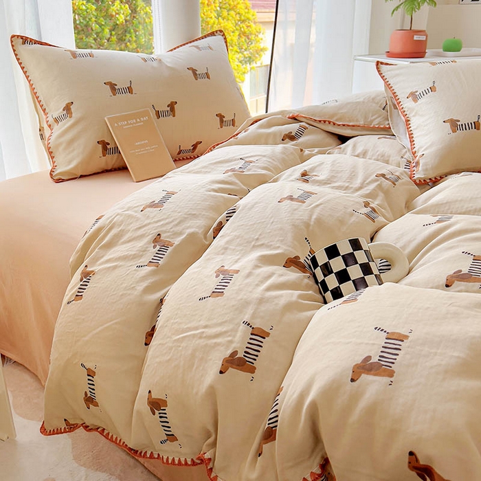 91家纺网 家纺一手货源 找家纺  （提供买家秀 爆款花型 不断货）2025新款A类全棉双层纱四件套 腊肠狗