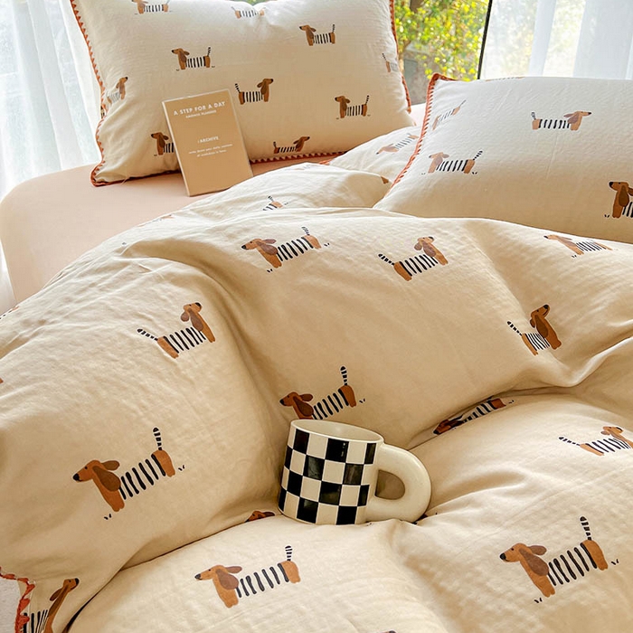 91家纺网 家纺一手货源 找家纺  （提供买家秀 爆款花型 不断货）2025新款A类全棉双层纱四件套 腊肠狗