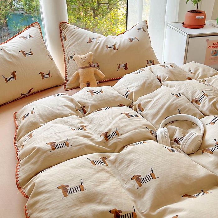 91家纺网 家纺一手货源 找家纺  （提供买家秀 爆款花型 不断货）2025新款A类全棉双层纱四件套 腊肠狗