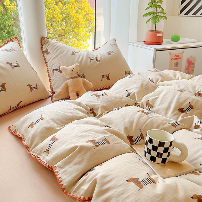 91家纺网 家纺一手货源 找家纺  （提供买家秀 爆款花型 不断货）2025新款A类全棉双层纱四件套 腊肠狗