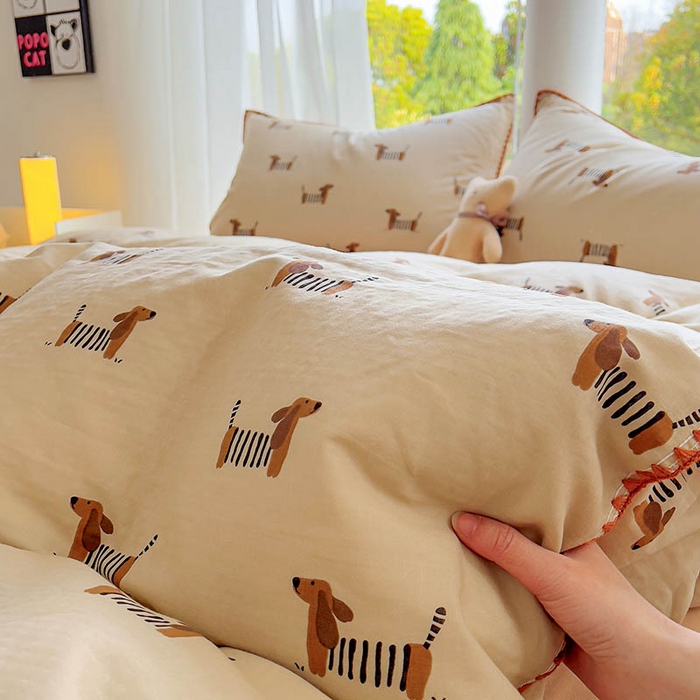 91家纺网 家纺一手货源 找家纺  （提供买家秀 爆款花型 不断货）2025新款A类全棉双层纱四件套 腊肠狗