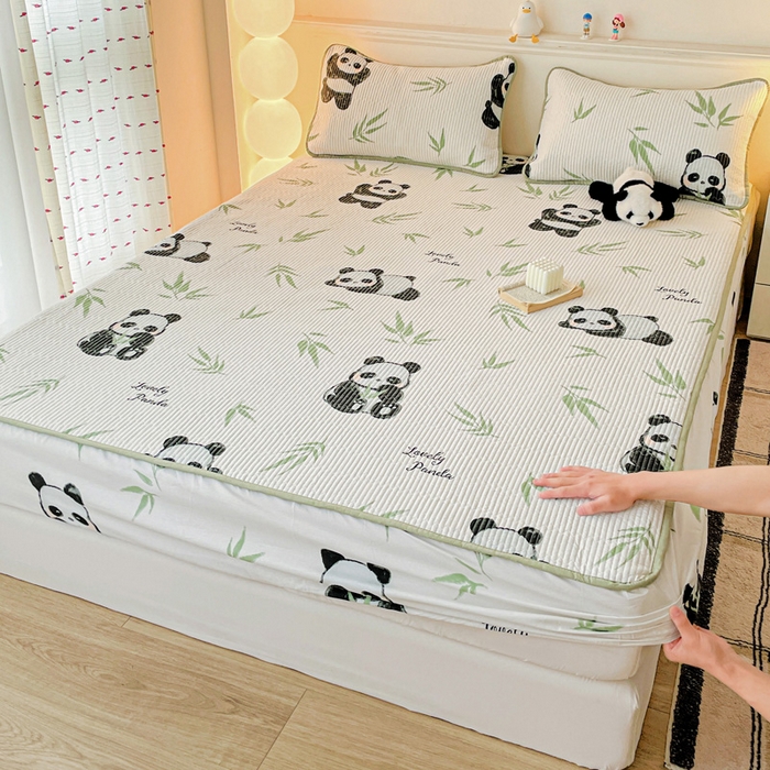 91家纺网 家纺一手货源 找家纺 富馨莱 2025春夏新款A类母婴级全棉纯棉夹棉床笠 熊猫团子