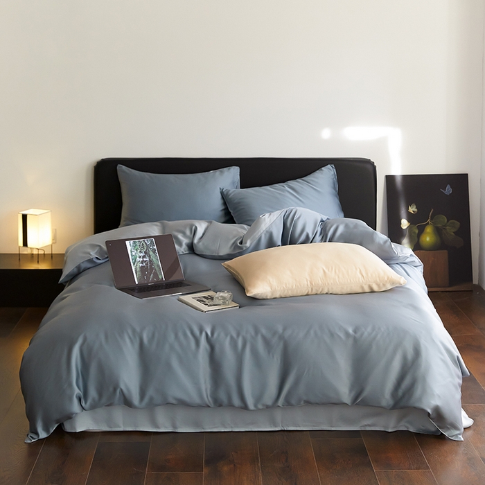 91家纺网 家纺一手货源 找家纺 禾时  2025新款奥地利进口兰精天丝莱赛尔四件套纯色双拼三件套 灰蓝色-冰川灰