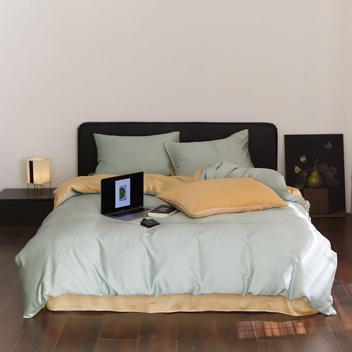 91家纺网 家纺一手货源 找家纺 禾时  2025新款奥地利进口兰精天丝莱赛尔四件套纯色双拼三件套 浅艾绿-香槟金