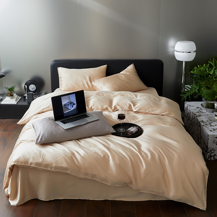 91家纺网 家纺一手货源 找家纺 禾时  2025新款奥地利进口兰精天丝莱赛尔四件套纯色双拼三件套 沙茶色