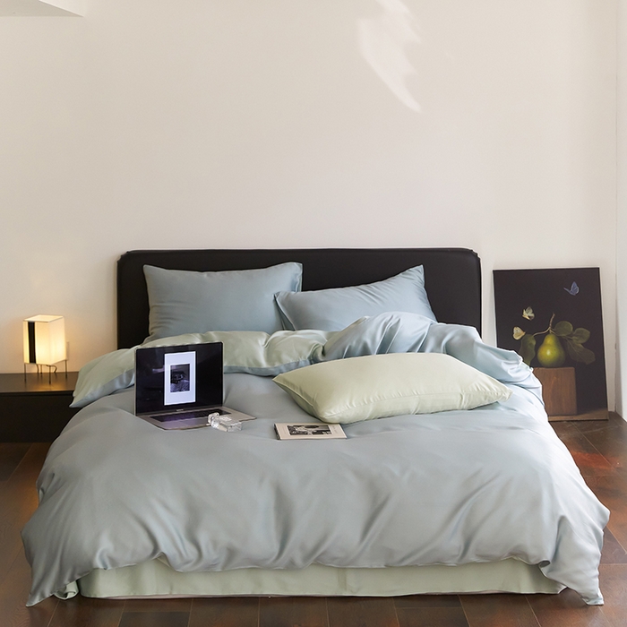 91家纺网 家纺一手货源 找家纺 禾时  2025新款奥地利进口兰精天丝莱赛尔四件套纯色双拼三件套 天空蓝-浅艾绿