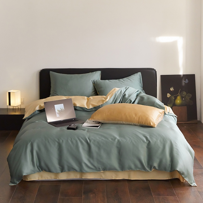 91家纺网 家纺一手货源 找家纺 禾时  2025新款奥地利进口兰精天丝莱赛尔四件套纯色双拼三件套 天青色-香槟金