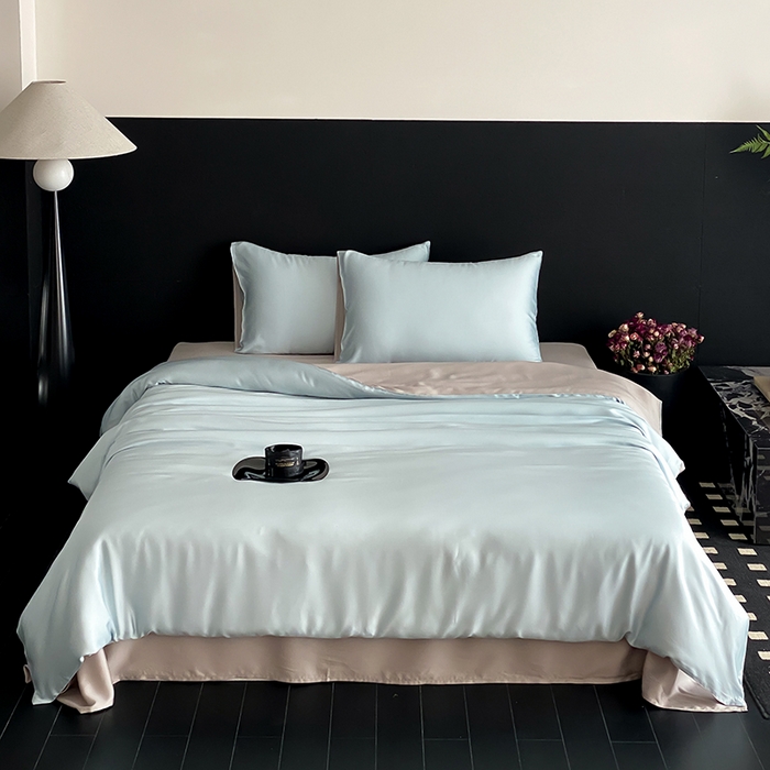 91家纺网 家纺一手货源 找家纺 禾时  2025新款奥地利进口兰精天丝莱赛尔四件套纯色双拼三件套 映霜蓝-霜华银