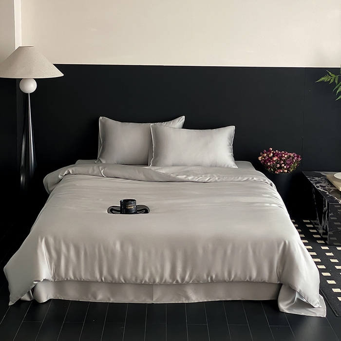 91家纺网 家纺一手货源 找家纺 禾时  2025新款奥地利进口兰精天丝莱赛尔四件套纯色双拼三件套 云纱灰