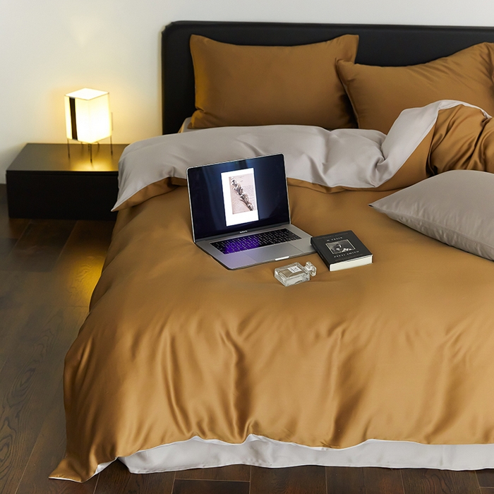 91家纺网 家纺一手货源 找家纺 禾时  2025新款奥地利进口兰精天丝莱赛尔四件套纯色双拼三件套 敦煌色-曙光银