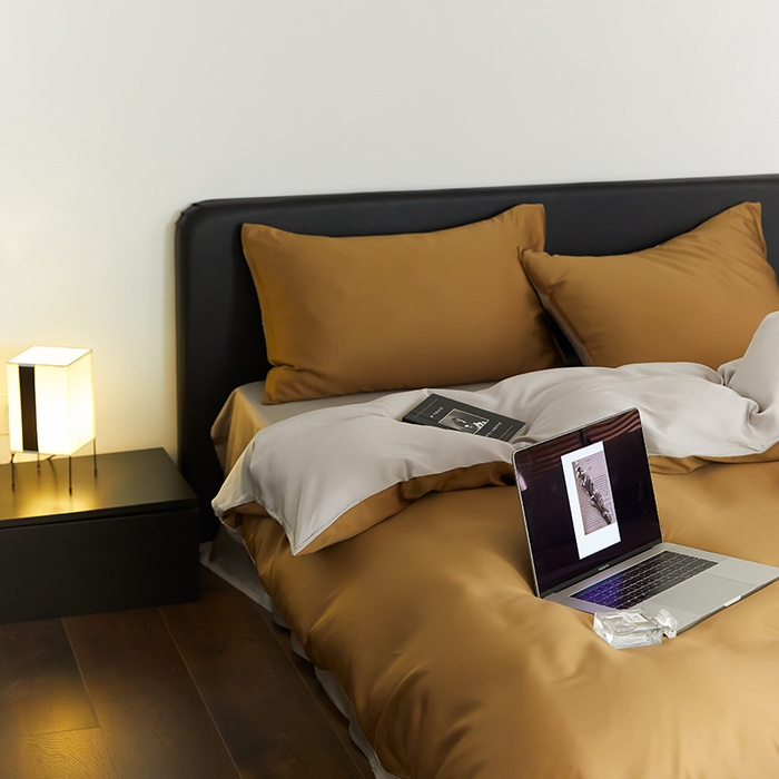 91家纺网 家纺一手货源 找家纺 禾时  2025新款奥地利进口兰精天丝莱赛尔四件套纯色双拼三件套 敦煌色-曙光银