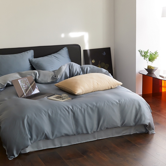 91家纺网 家纺一手货源 找家纺 禾时  2025新款奥地利进口兰精天丝莱赛尔四件套纯色双拼三件套 灰蓝色-冰川灰